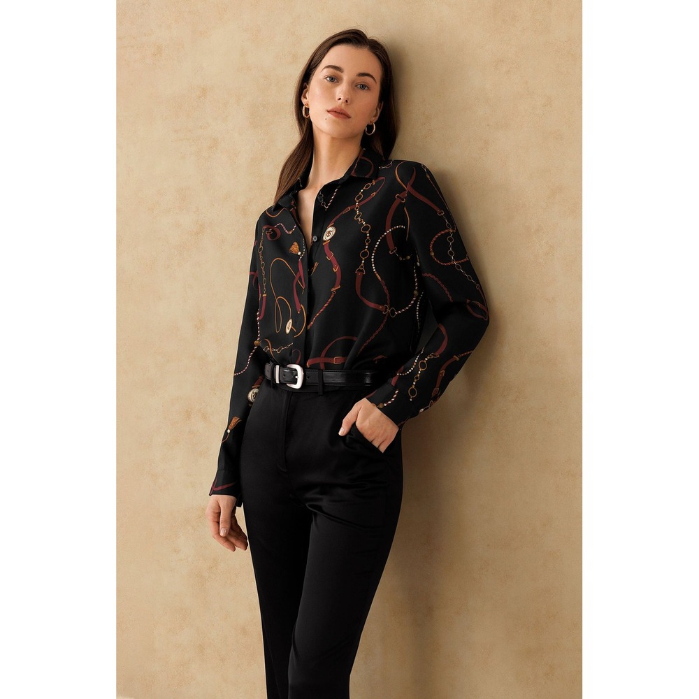 Lilysilk Louisville Print Silk Shirt Black Equestrian Chain Belt Blouse M - Picture 15 of 15